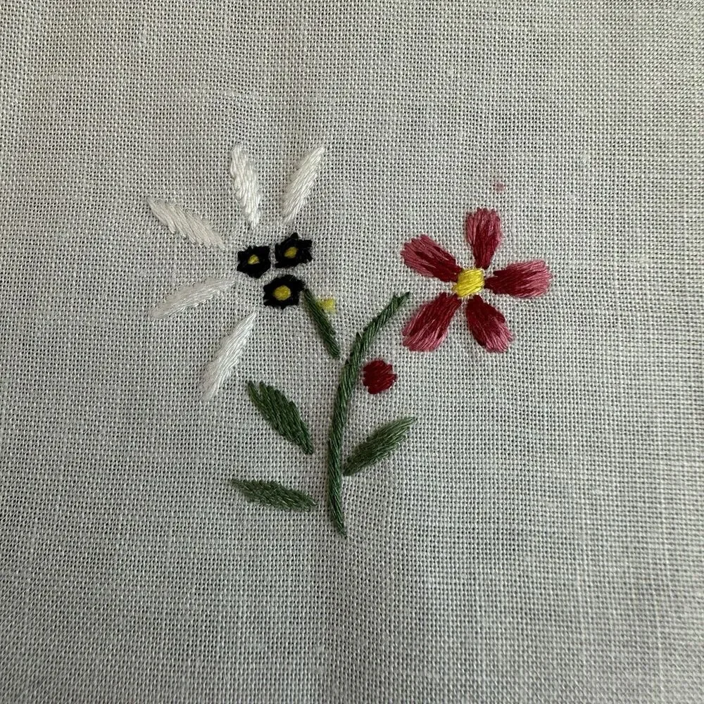Vintage Hand Embroidered Table Runner White Cotton Floral Hemstitched 34x15.5